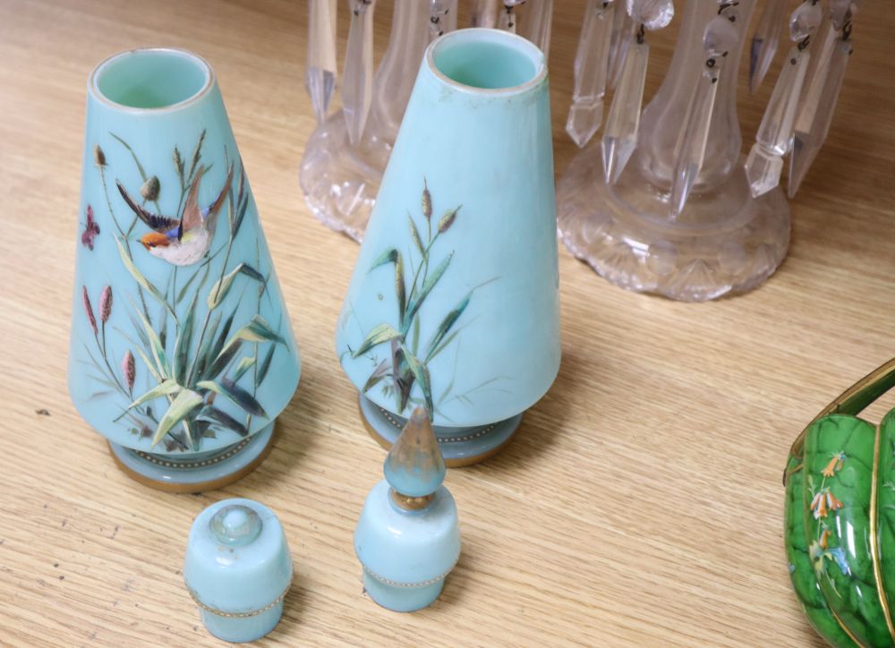 A pair of Victorian cut glass lustres, a pair of lidded glass jars, a basket and a porcelain vase